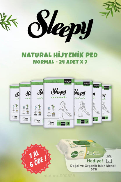 7 AL 6 ÖDE Sleepy Natural Hijyenik Ped Normal 24 Adet ve Doğal Islak Mendil 50 li