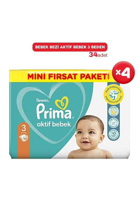 Bebek Bezi Aktif Bebek 3 Beden 34 Adet X 4