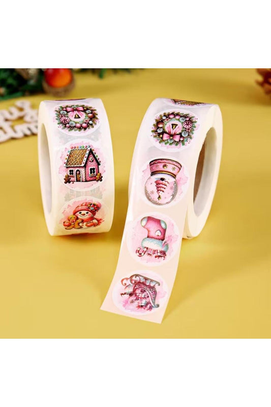 Rulo, 500 adet Pembe Noel Yuvarlak Etiketler, Noel Baba Kardan Adam