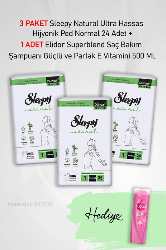 Natural Hijyenik Ped Normal 24 Adet X3 ve Hediye Elidor Şampuan 500 ML