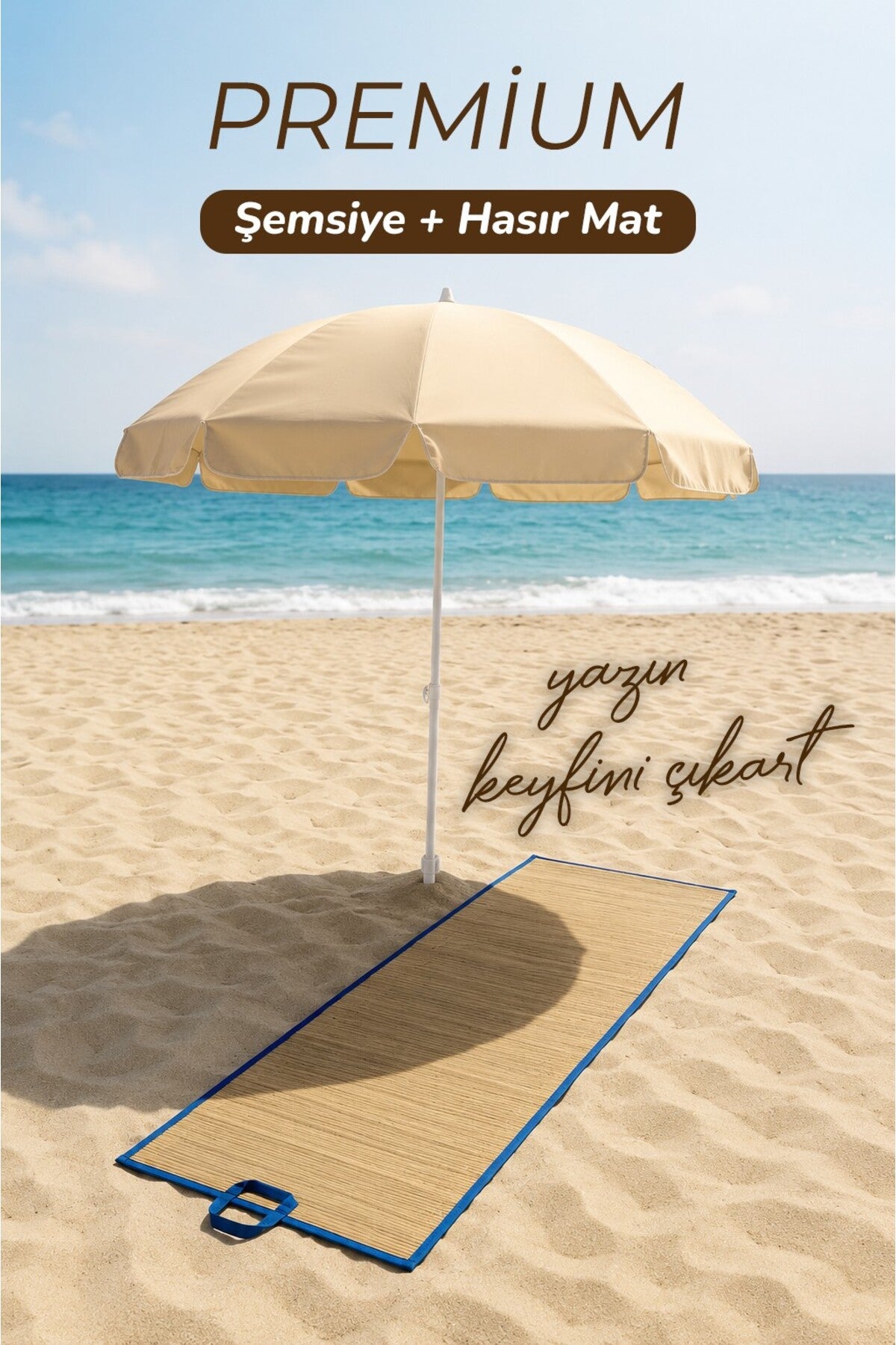 Krem 2 Metre 10 telli Plaj - Bahçe Şemsiyesi ve Hasır Mat