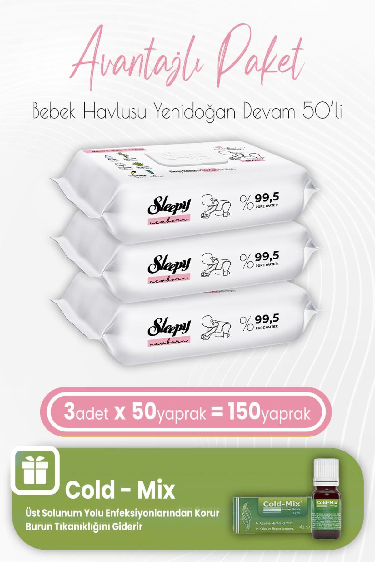 Yenidoğan Devam Bebek Bakım Havlusu 50 x 3 (150 Yaprak) ve İnhaler Damla (Yeşil)