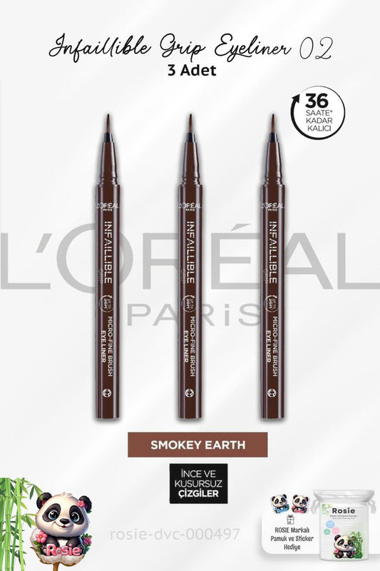 3 Adet Infaillible Grip Eyeliner 02 Smokey Earth Ve Rosıe Pamuk