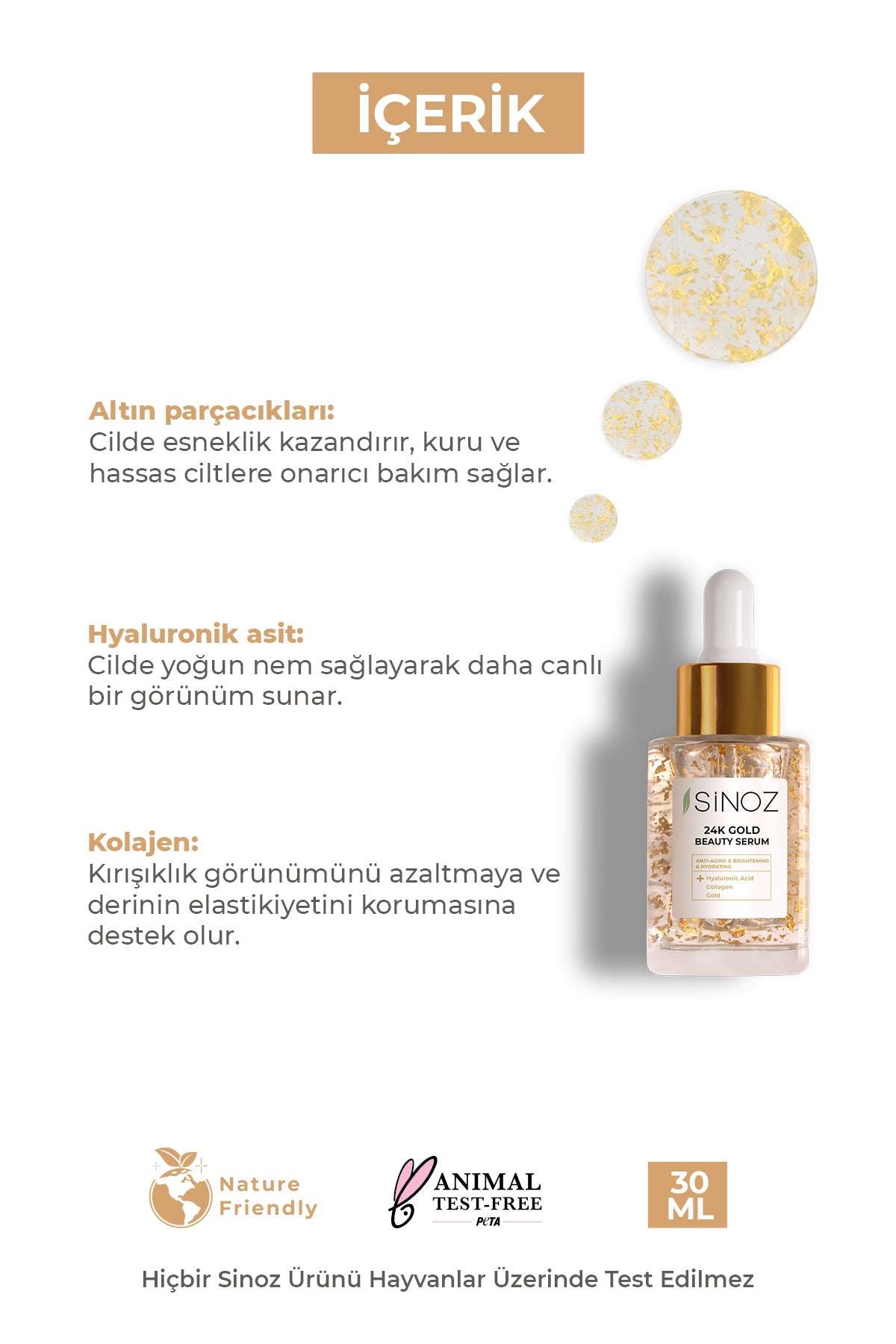 24K Altın Parçacıklı Hyalüronik Asit Kolajen içeren Kırışıklık Karşıtı Cilt Bakım Serumu 30 ml