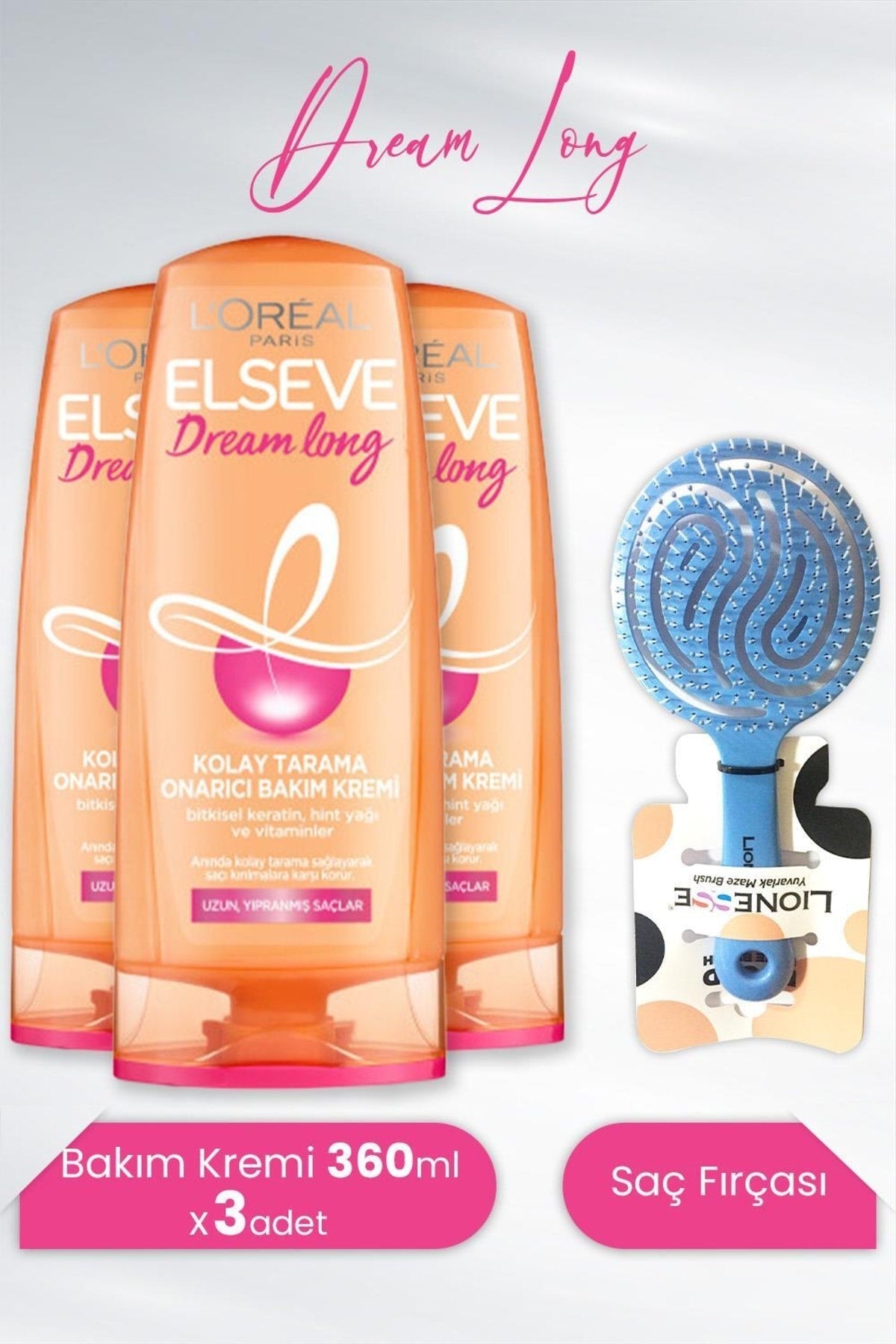Dream Long Onarıcı Bakım Kremi 360 ml x 3 Adet ve Tarko Saç Fırçası Mavi