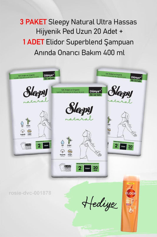 Natural Ultra Hassas Hijyenik Ped Uzun 20 Adet X3 ve Elidor Şampuan Anında Onarıcı Bakım 400