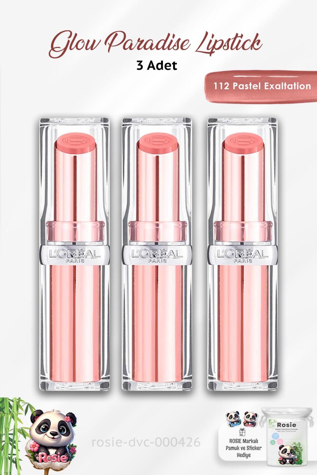 3 Adet Loreal Paris Glow Paradise Lipstick 112 Pastel Exaltation ve ROSIE