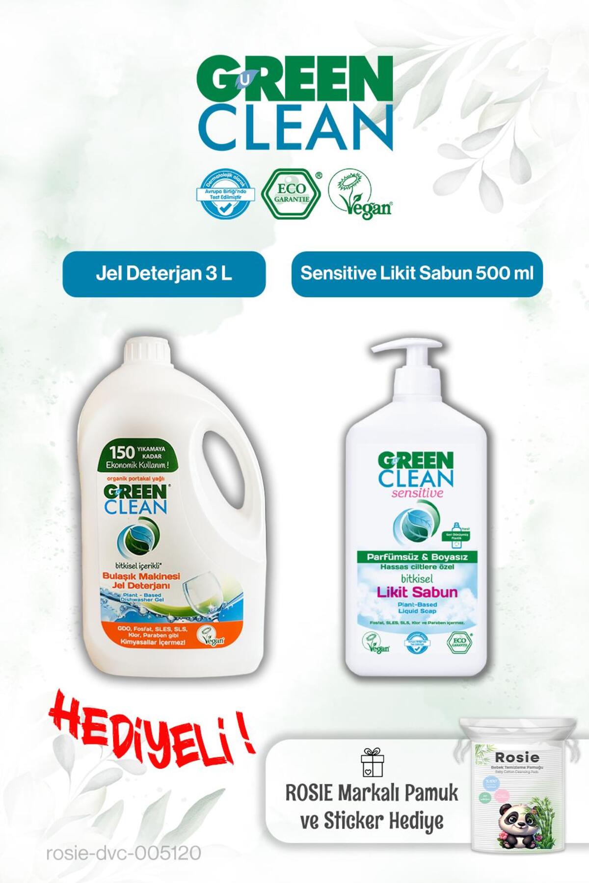 Likit Sabun 500 ml ve Bulaşık Mak. Jel Deterjan 3 L ve Rosie hediye