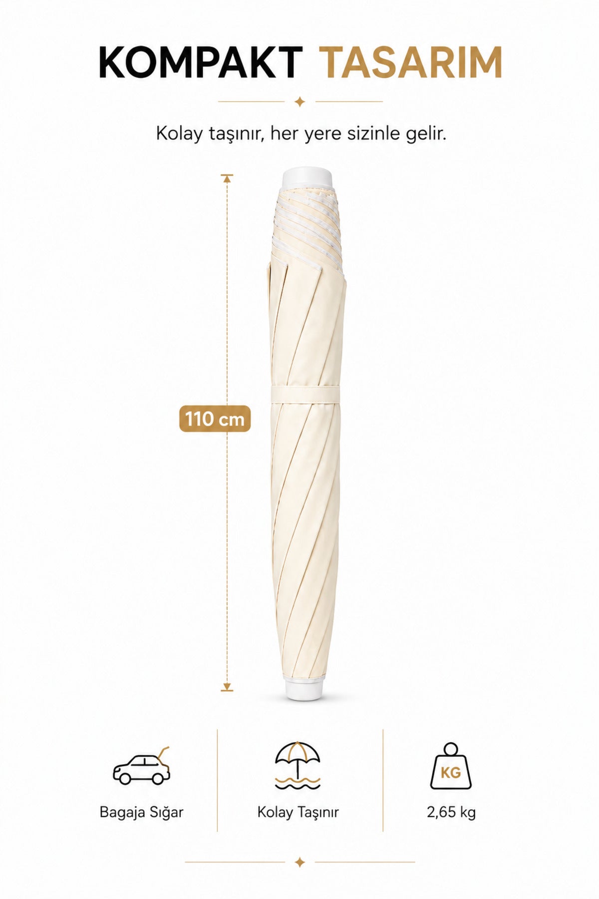 Eğilebilir 2 Metre Çapında Plaj Şemsiyesi + 20 Litre Bidonlu + Taşıma Çantası Hediyeli - Krem