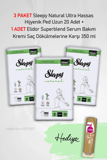 Natural Ultra Hassas Hijyenik Ped Uzun 20 Adet X 3 ve Elidor 350 ML Hediye