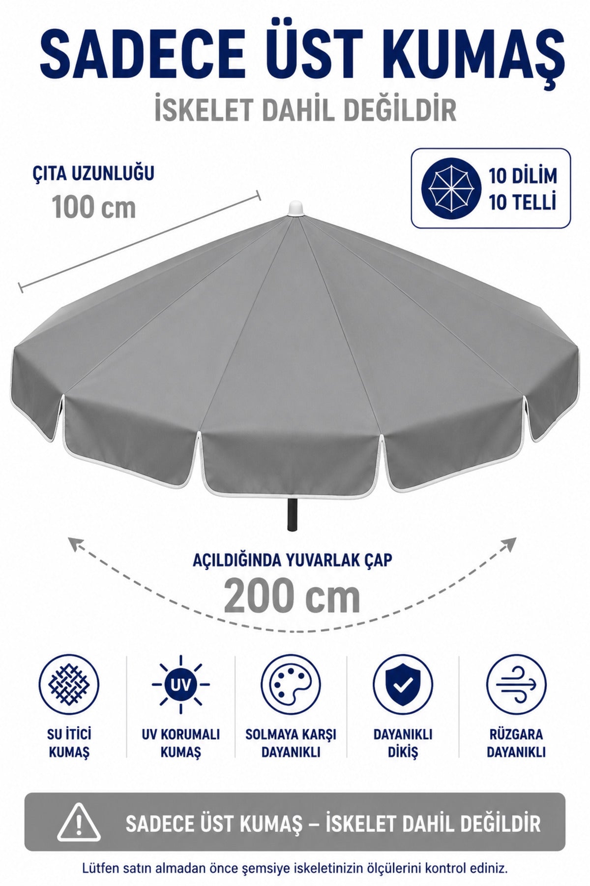 Gri Polyester Kumaş, 200 cm / 10 telli (plaj şemsiyesi uyumlu)