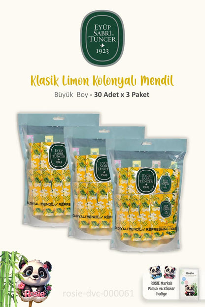3 Paket Büyük Boy Kolonyalı Mendil Limonlu 30'lu ve ROSIE