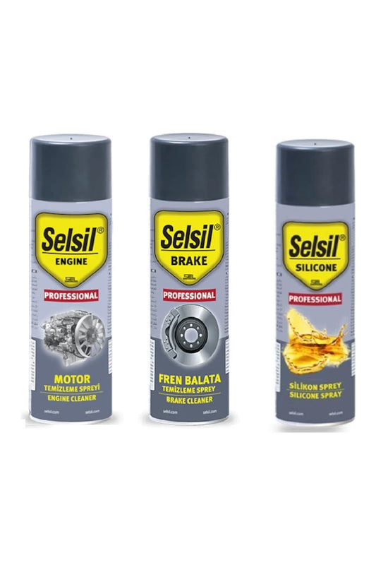 Oto Bakım Seti Motor Temizleme Spreyi 500 ml, Silikon Sprey 500 ml, Fren Balata Spreyi 500 ml