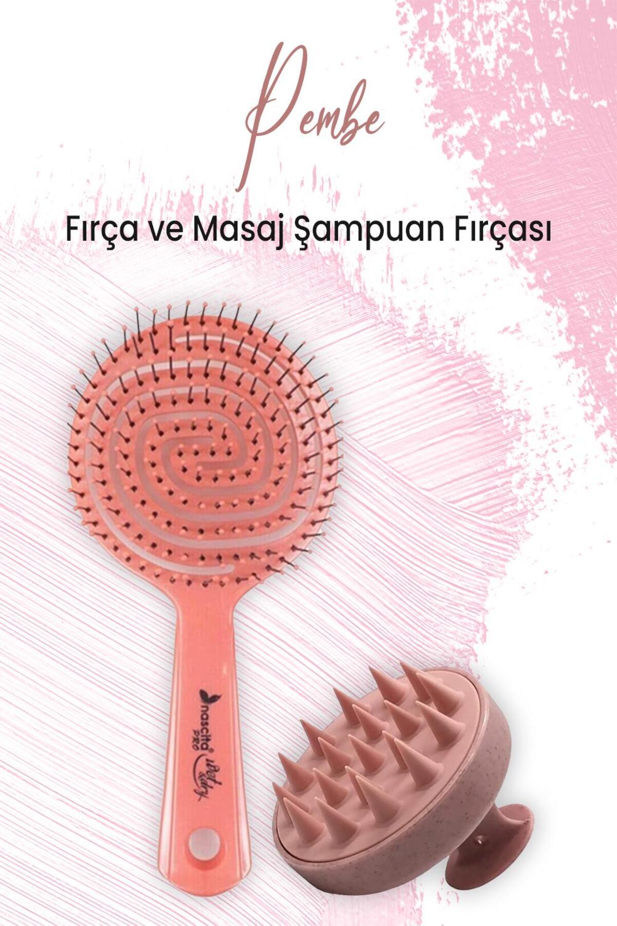 Yumuşak Silikonlu Masaj Şampuan Fırçası Pembe ve Oval Saç Fırçası Pembe
