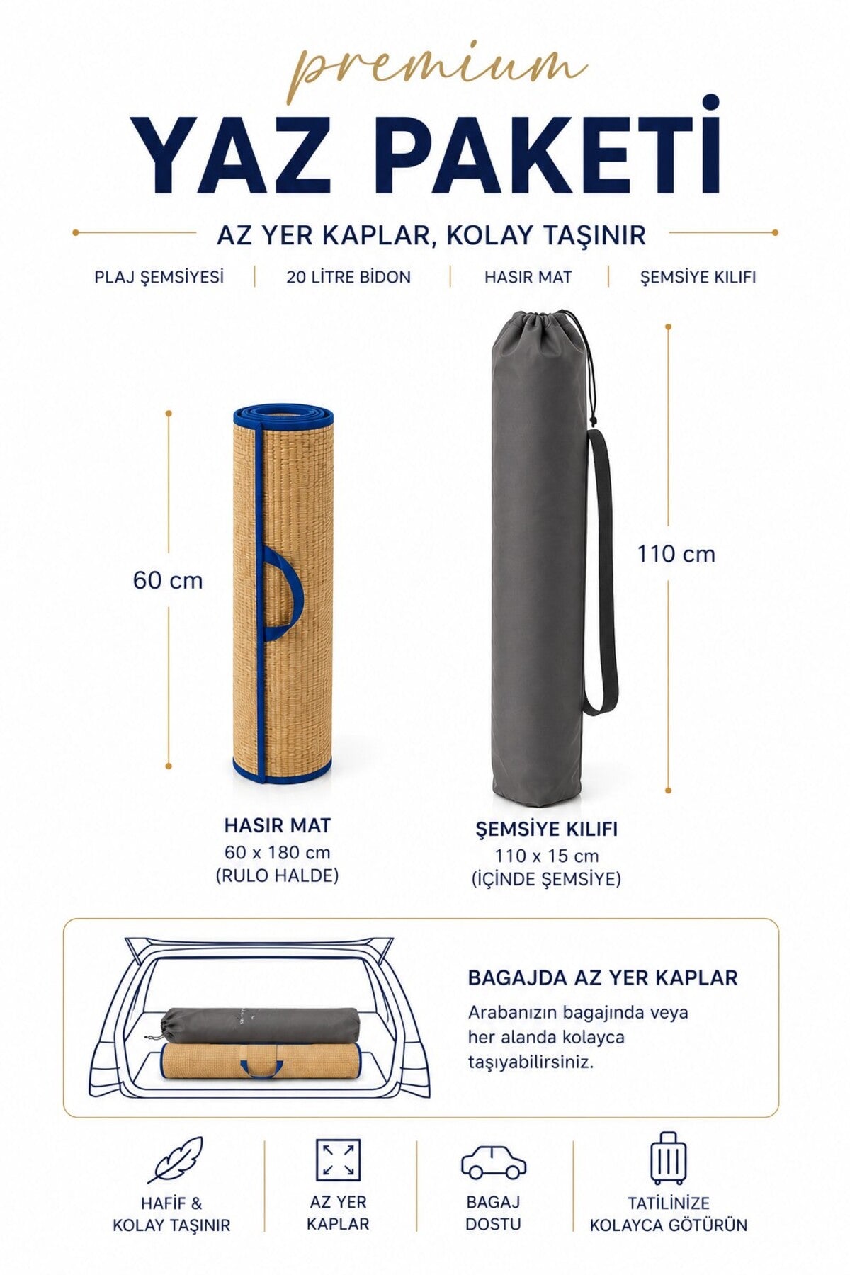 Plaj Yaz Paketi, Şemsiye+Hasır Mat+Bidon+Kılıf