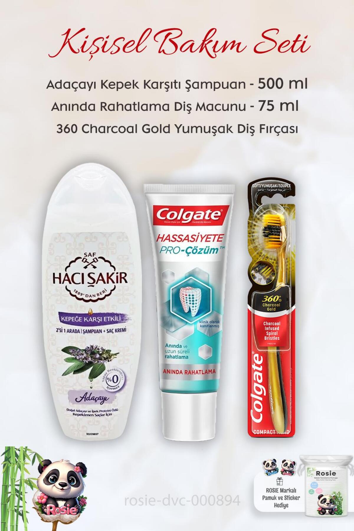 Hassasiyete Çözüm 75 ml, 360 Charcoal Gold Diş Fırçası, H.Şakir Adaçayı Şampuan 500 ml