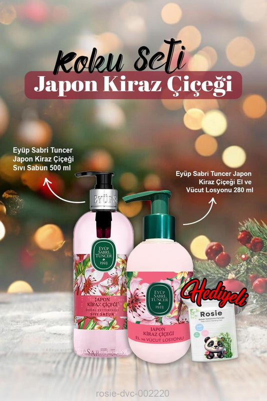 Eyüp Sabri Japon Kiraz Çiçeği Sıvı Sabun 500 ml, El ve Vücut Losyonu 280 ml ve Rosie Pamuk