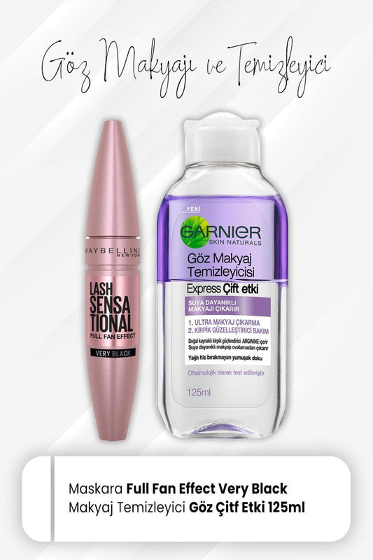 Maybelline Maskara Full Fan Effect Very Black ve Express Göz Makyaj Temizleyici 125 ml