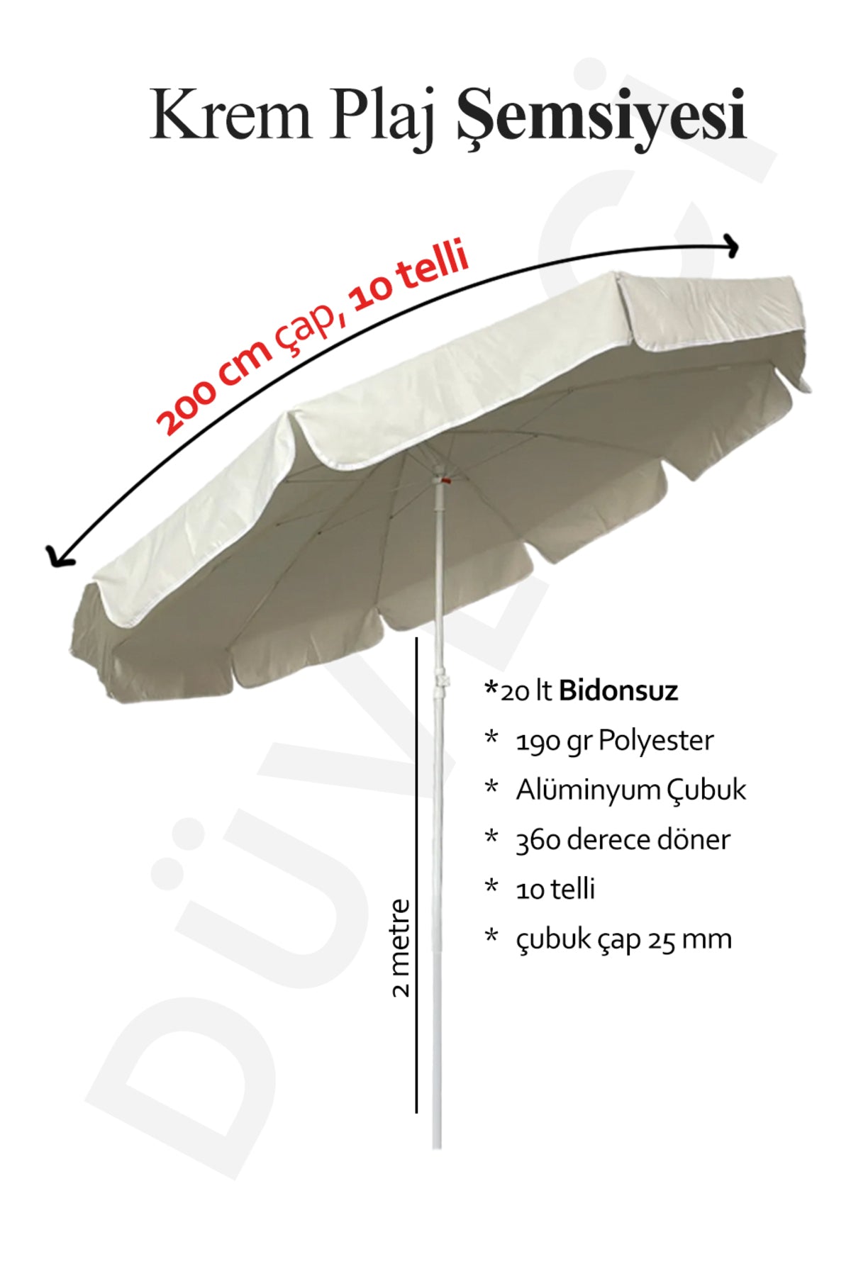 Plaj Şemsiyesi, Krem Renkli, 10 Telli, 2 Metre Çaplı, Güneşe Göre Eğilebilir, Bidonsuz