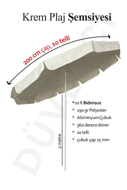 Plaj Şemsiyesi, Krem Renkli, 10 Telli, 2 Metre Çaplı, Güneşe Göre Eğilebilir, Bidonsuz