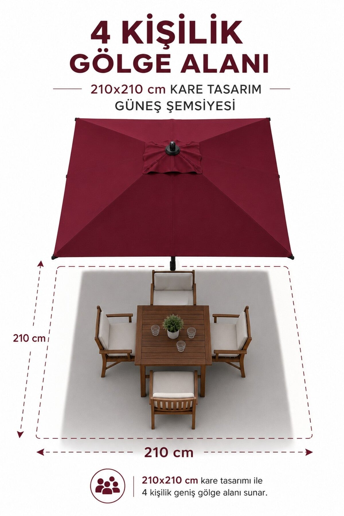 ALUBRELLA Premium 210 x 210 cm Kare Bahçe Şemsiyesi, 180 gr Polyester, 50 SPF UV Korumalı, 8 Çelik Kaburga, Bidonsuz