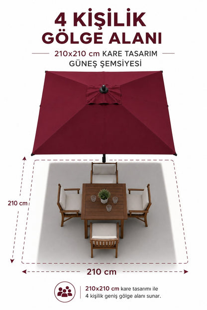 ALUBRELLA Premium 210 x 210 cm Kare Bahçe Şemsiyesi, 180 gr Polyester, 50 SPF UV Korumalı, 8 Çelik Kaburga, Bidonsuz