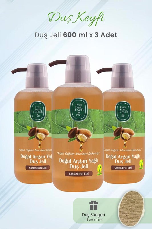 Duş Jeli Doğal Argan Yağlı 600 ml x 3 Adet ve Duş Süngeri