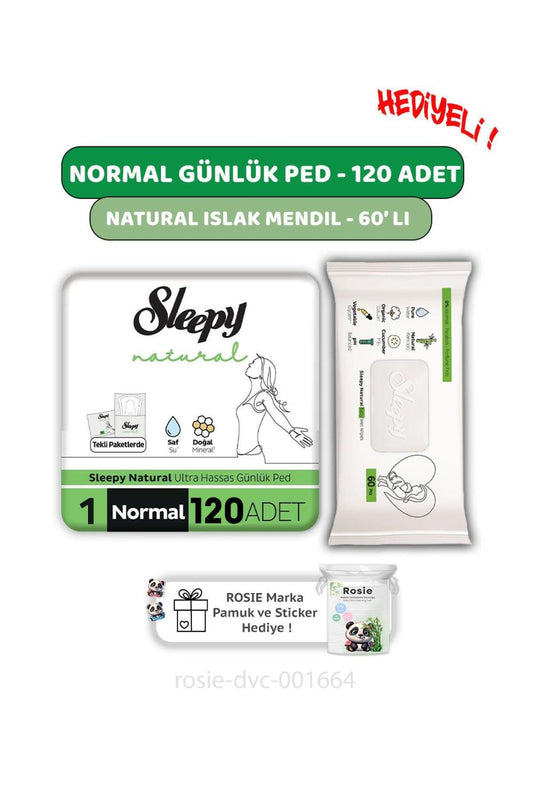 Natural Ultra Hassas Hijyenik Günlük Ped Normal 120 Adet, Natural 60'lı Islak Mendil ve ROSIE