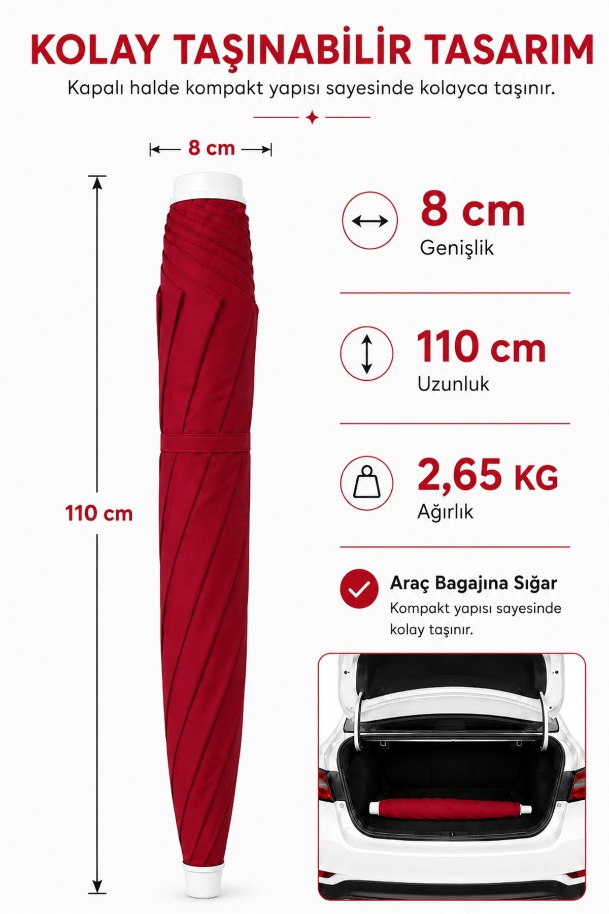 Kırmızı Plaj Şemsiyesi 200 cm Çap / 10 Telli + Bidon + Taşıma Çantası Dahil