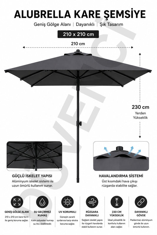 Alubrella Kare Antrasit Güneş Şemsiyesi, 210 cm çap / 8 Telli Bahçe Şemsiyesi, BİDONSUZ
