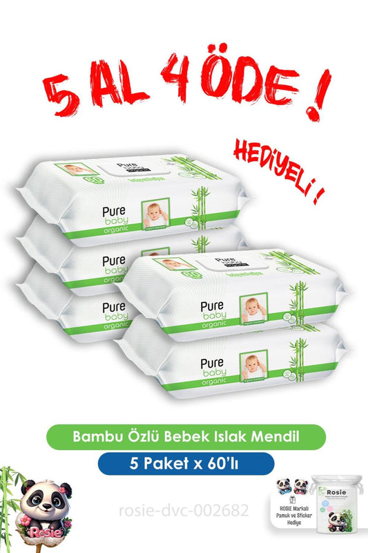 5 Al 4 Öde Organik Bambu Özlü Bebek Islak Havlu 60 Yaprak