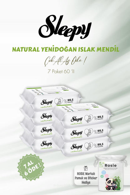 7 AL 6 ÖDE 60'lı Natural Yenidoğan Islak Havlu ve Bebe Pamuğu