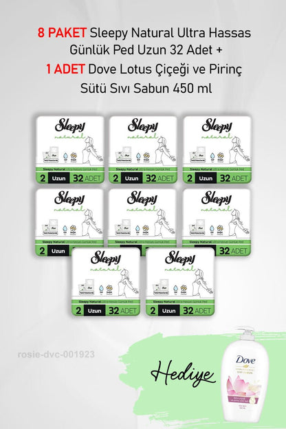 Natural Ultra Hassas Günlük Ped Uzun 32 Adet X 8 ve Dove Sıvı Sabun 450 ml