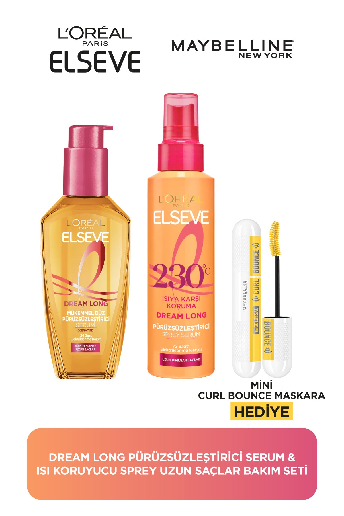 Dream Long Düz Pürüzsüzleştirici Serum + Isıya Karşı Koruyucu Sprey + Curl Bounce Mini Mascara