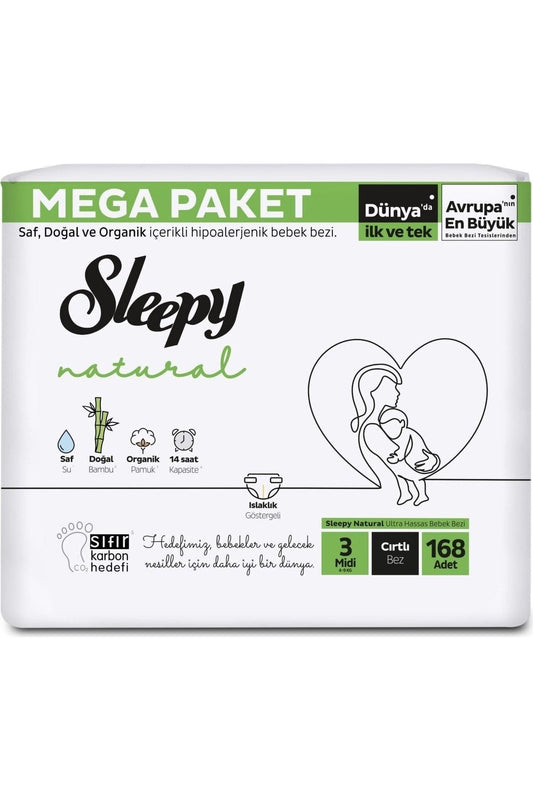 Sleepy Natural Bebek Bezi Mega Fırsat Paketi 3 Beden 4-9 Kg 168 Adet