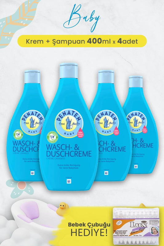 Baby Şampuan Krem + Bebek Şampuanı 400 ml x 4 Adet ve Bebek Çubuğu