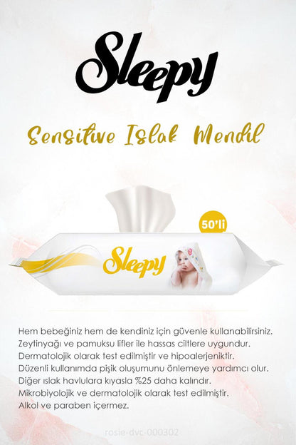 14 AL 12 ÖDE Sleepy Sensitive Islak Bebek Mendil 50'li ve ROSIE Pamuk
