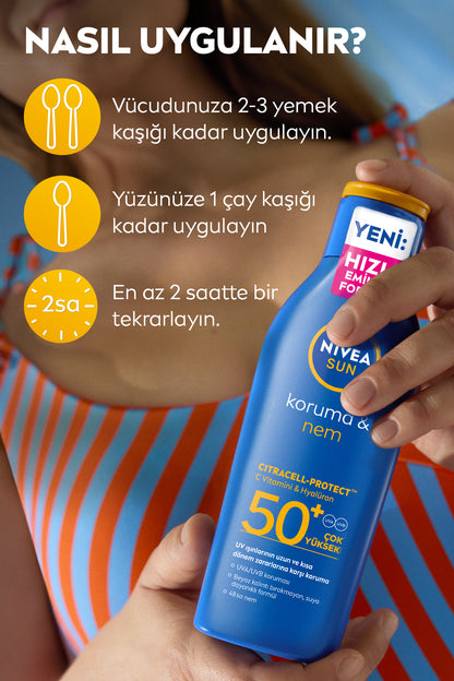 SUN SPF50+ Güneş Koruyucu Vücut Losyonu 200ml, Nemlendirici, Suya Dayanıklı, Yeni Nesil UV Filtresi