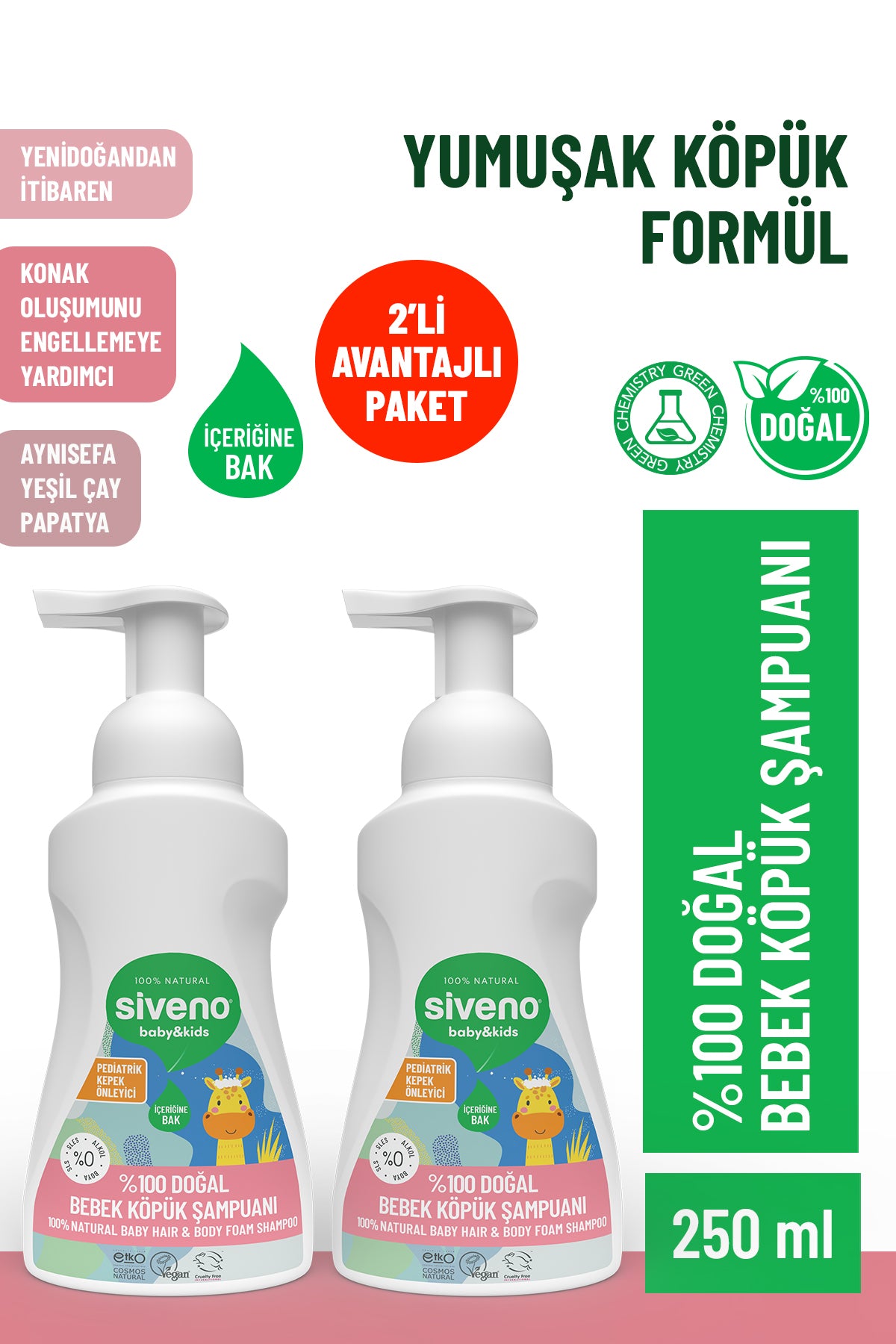 %100 Doğal Bebek Köpük Şampuanı Yenidoğan Saç ve Vücut İçin Nemlendirici Bitkisel 250 ml X 2 Adet