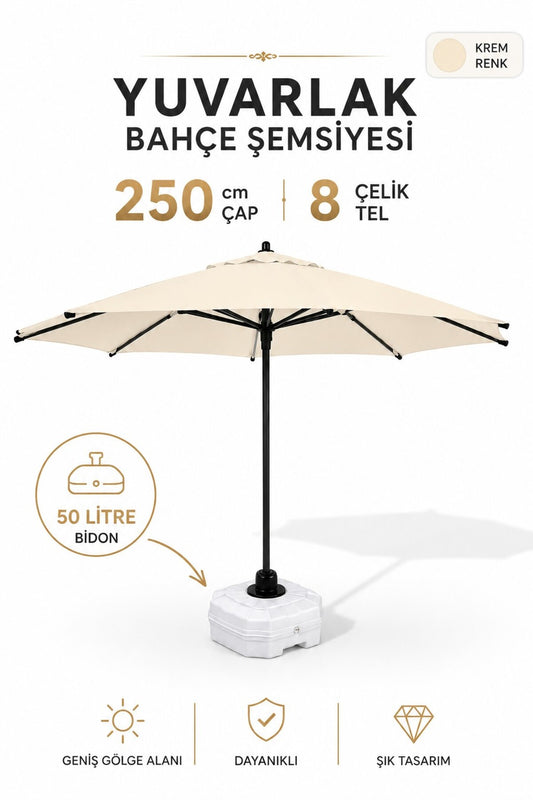 Alubrella Krem Yuvarlak 250 çap/ 8 tel Bahçe Şemsiyesi BİDONLU