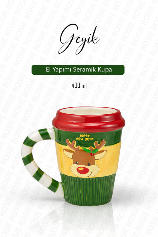 Yılbaşı Temalı El Yapımı Geyik Kupa, Hediyelik Kupa, Mug, 400 ml