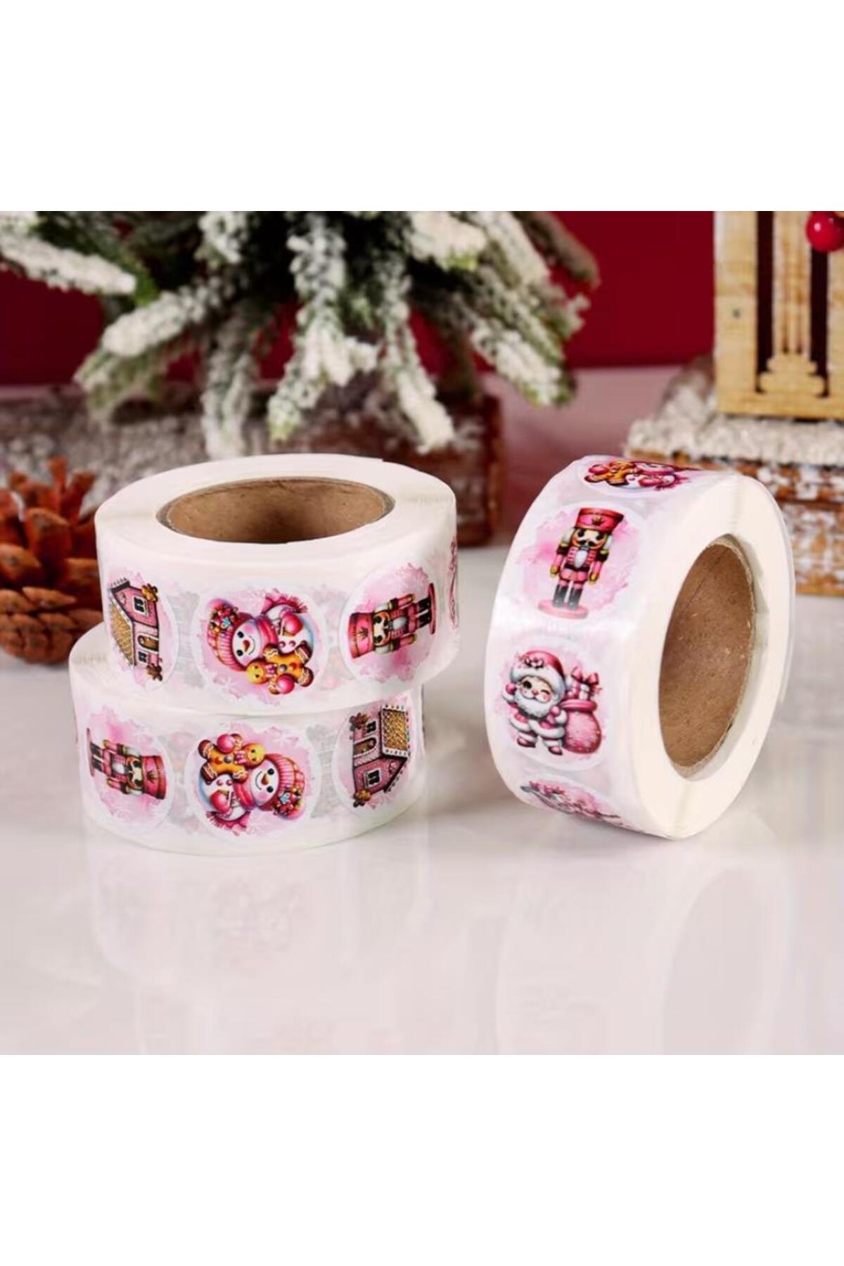 Rulo, 500 adet Pembe Noel Yuvarlak Etiketler, Noel Baba Kardan Adam