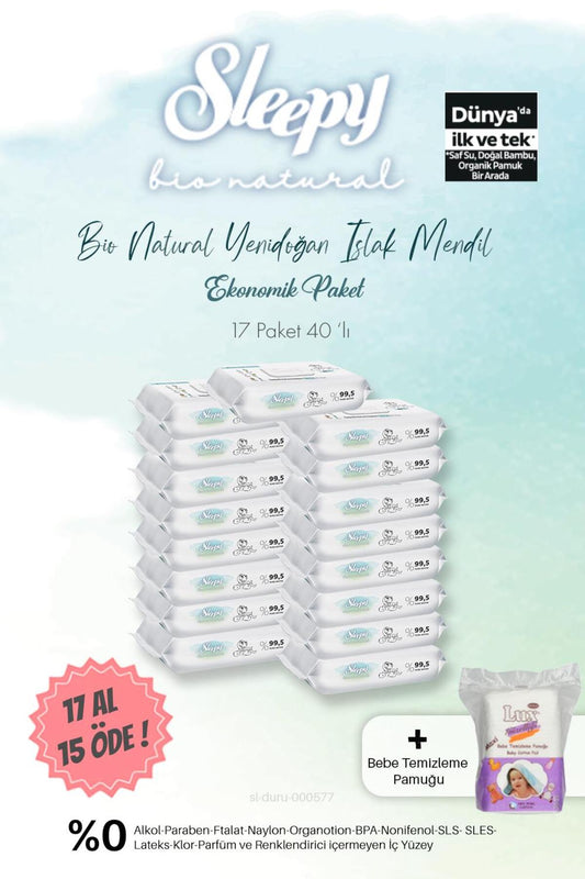 Bio Natural Islak Havlu 40'lı 17 AL 15 ÖDE ve Bebe Temizleme Pamuğu