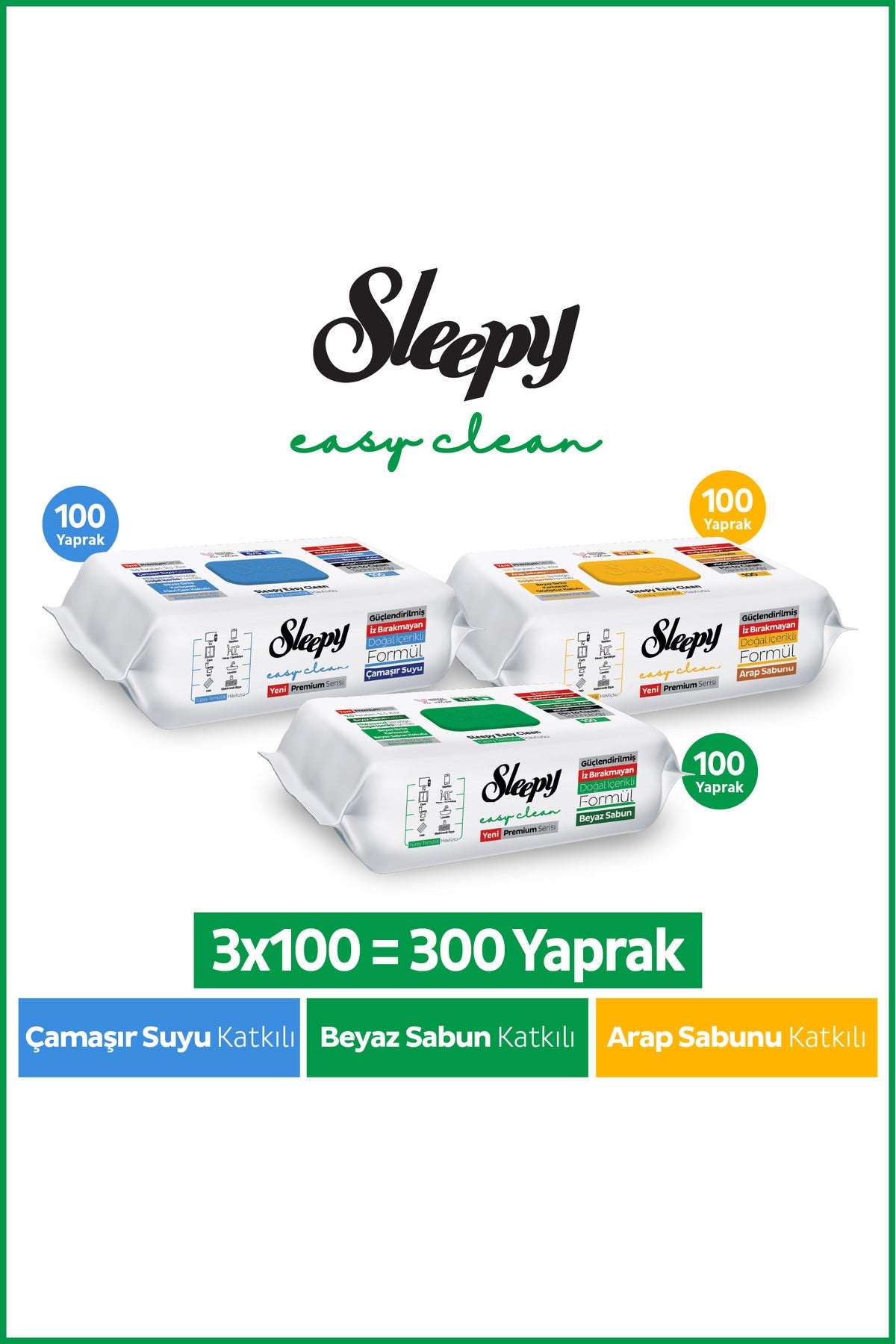 Easy Clean Premium Beyaz Sabun+Çamaşır Suyu+Arap Sabunu Yüzey Temizlik Havlusu Mendili 300 Yaprak