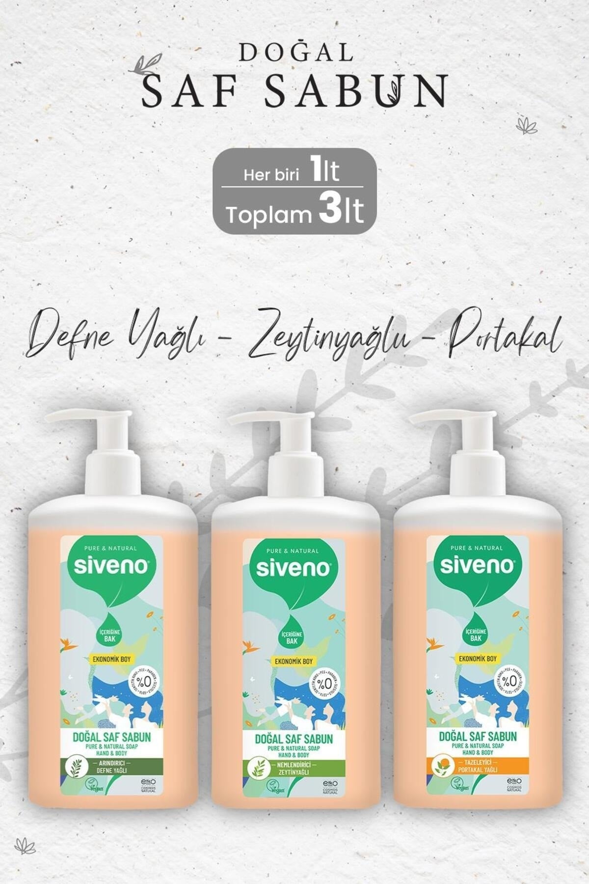 %100 Doğal Saf Sıvı Sabun Seti Defne Yağlı, Zeytinyağlı ve Portakal Yağlı 1000 ml