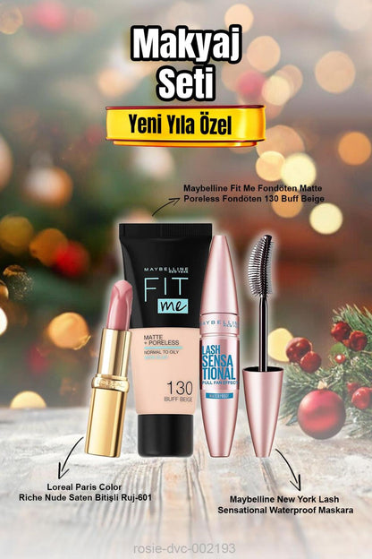 Maybelline Fit Me Fondöten 130 Buff Beige, Lash Sensational Waterproof Maskara, Riche Nude Saten Bi