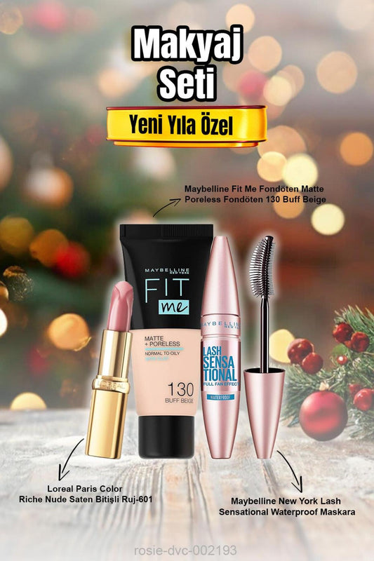 Maybelline Fit Me Fondöten 130 Buff Beige, Lash Sensational Waterproof Maskara, Riche Nude Saten Bi