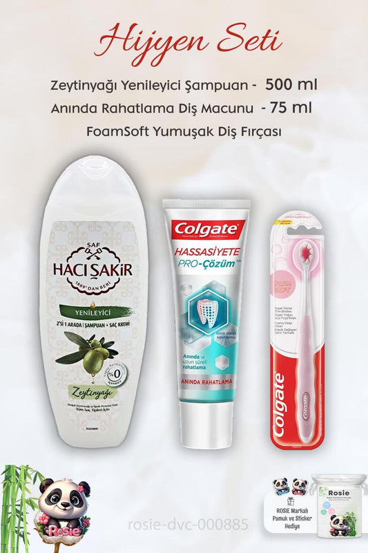 Hassasiyete Diş Macunu 75 ml, FoamSoft Diş Fırçası, H. Şakir Zeytinyağlı Şampuan 500 ml