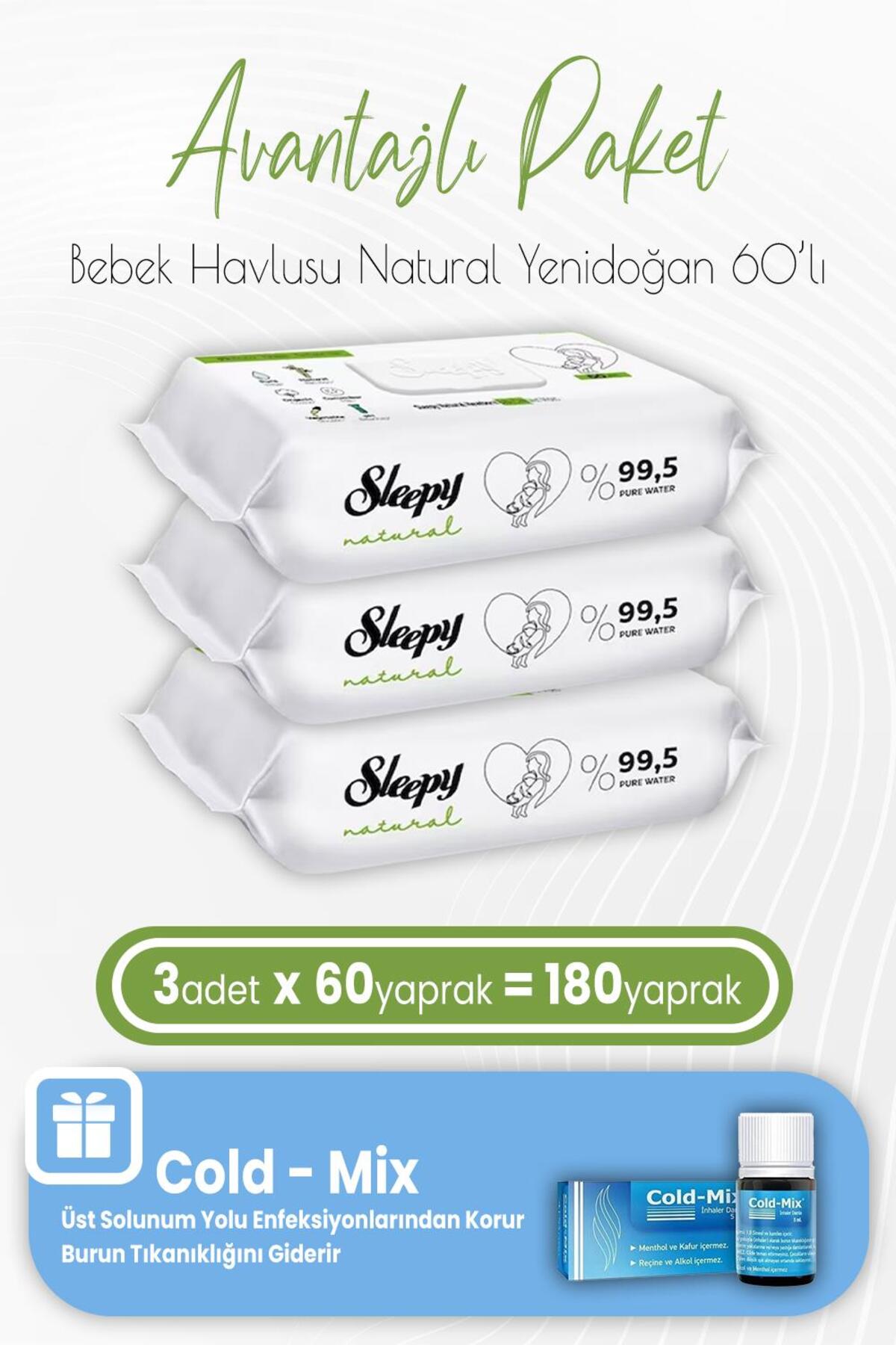 Natural Yenidoğan Islak Bebek Havlusu 60'lı x 3 Adet ve Cold-Mix 5 ml (Mavi)