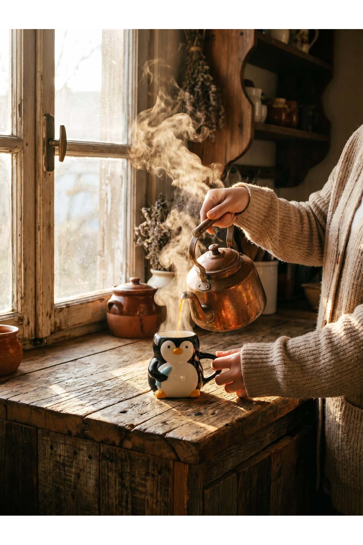 Penguen Figürlü El Yapımı Seramik Kupa, Mug, 420 ml